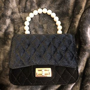 Black Plush Velvet Mini Purse with Pearl Handle